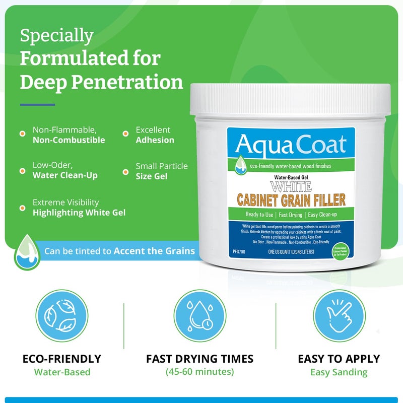 AquaCoat Aqua Coat Water-Based White Cabinet Wood Grain Filler Gel â€“ Fast Drying, Low Odor White Wood Filler, Sandable & Paintable for Interior & Exterior Repairs, Upgrades & Restorations â€“ 32 oz - Image 4